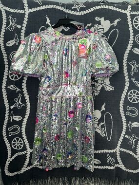 CeliaB Silver Sequin Dress with Multicolor Floral Sequins